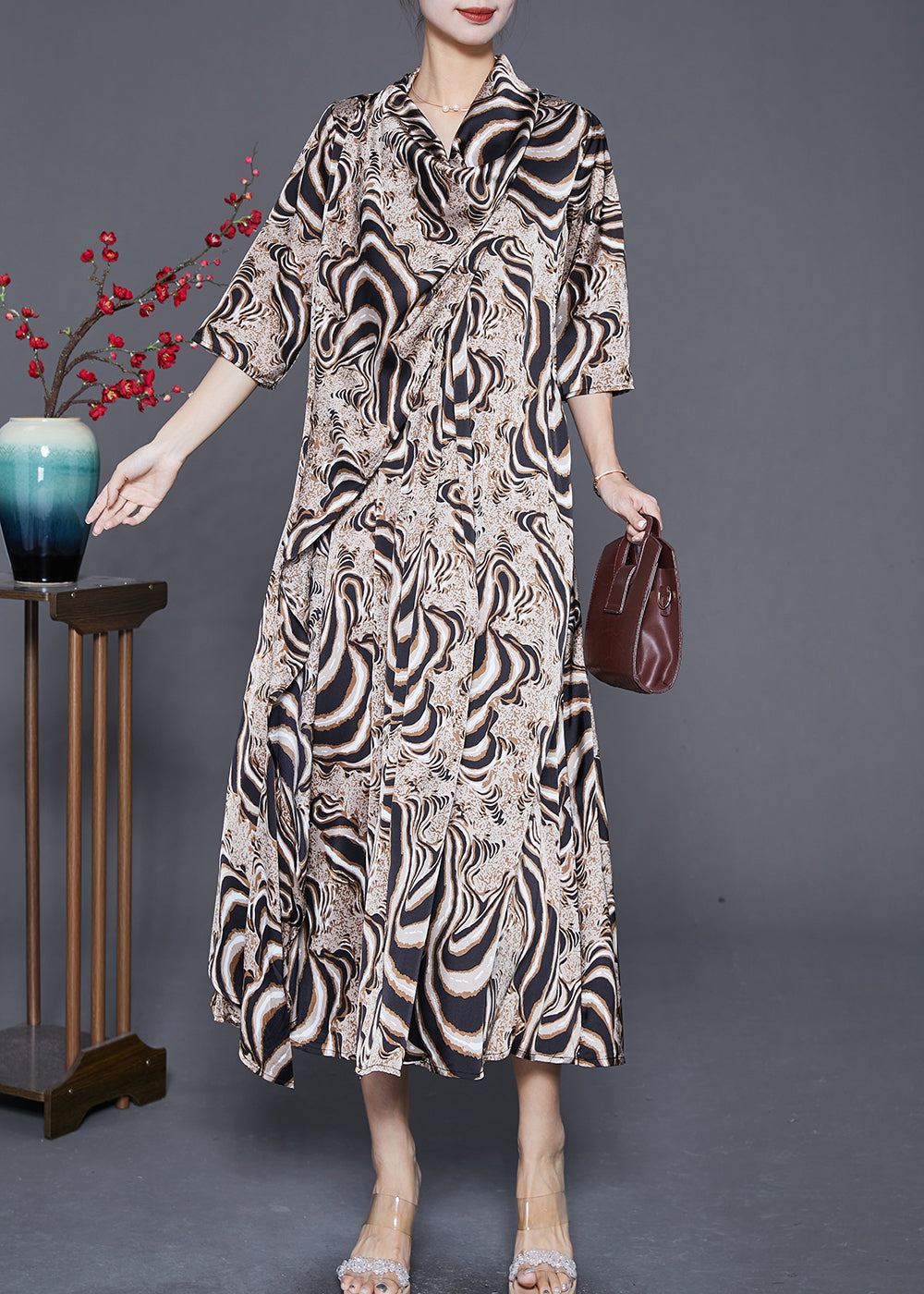 Bohemian Khaki Turtle Neck Print Chiffon Long Dress Summer