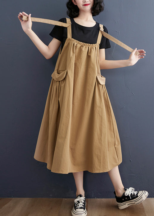 Bohemian Khaki wrinkled pockets Strap Dress Summer