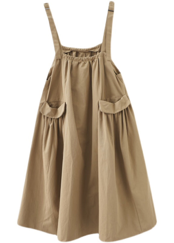 Bohemian Khaki wrinkled pockets Strap Dress Summer