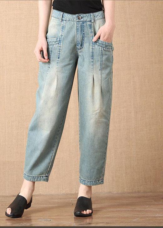 Bohemian Light Blue Button Pockets Casual Harem Fall Denim Pants - Omychic