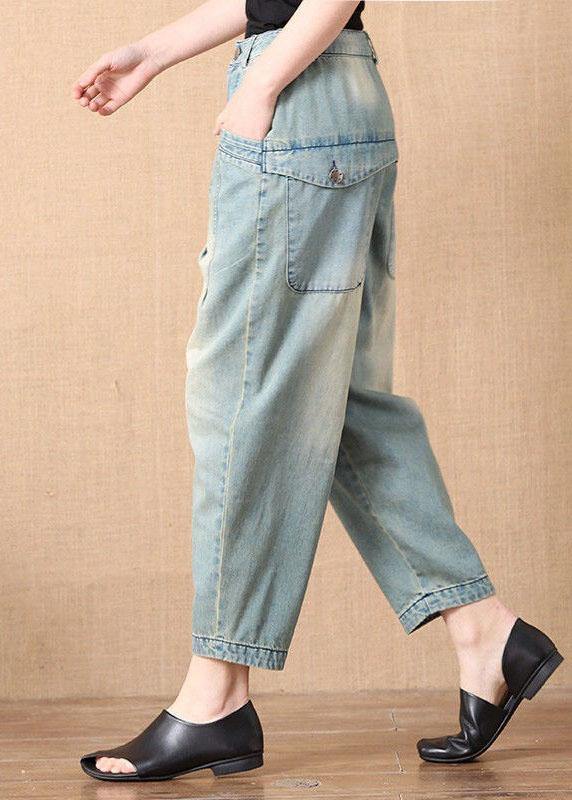 Bohemian Light Blue Button Pockets Casual Harem Fall Denim Pants - Omychic