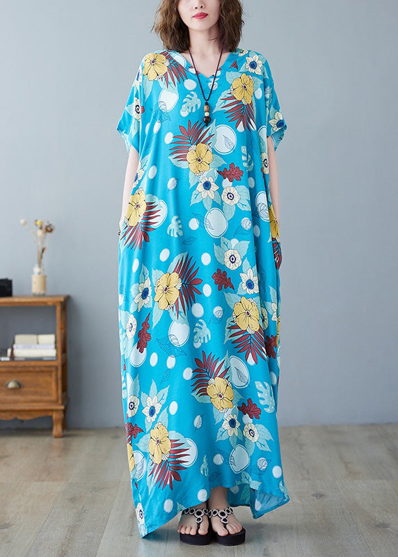 Bohemian Light Blue O-Neck Print Cotton Maxi Dresses Summer