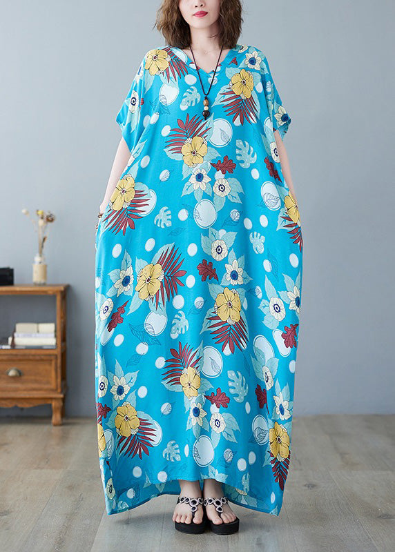 Bohemian Light Blue O-Neck Print Cotton Maxi Dresses Summer