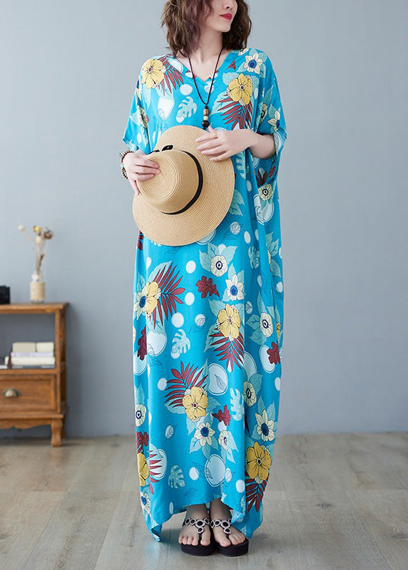 Bohemian Light Blue O-Neck Print Cotton Maxi Dresses Summer