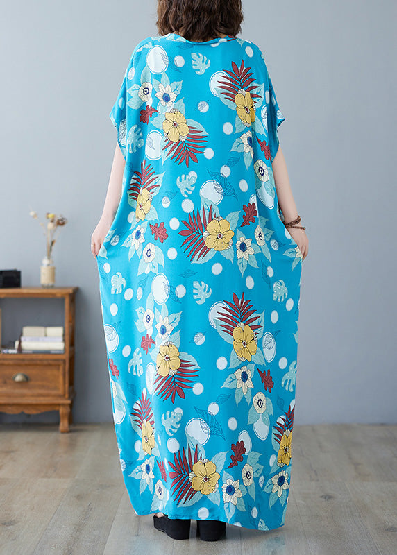 Bohemian Light Blue O-Neck Print Cotton Maxi Dresses Summer