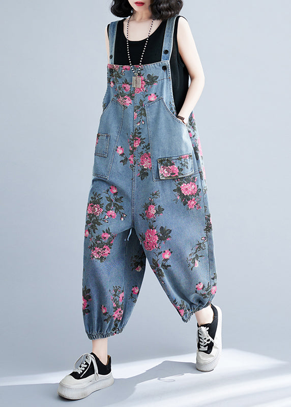 Bohemian Light Blue Oversize Print Pockets Denim Jumpsuits Summer