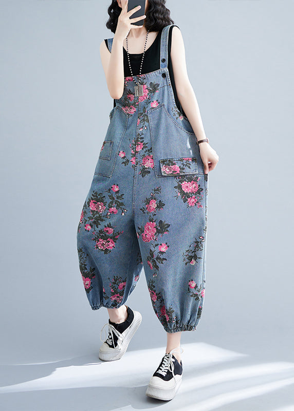 Bohemian Light Blue Oversize Print Pockets Denim Jumpsuits Summer