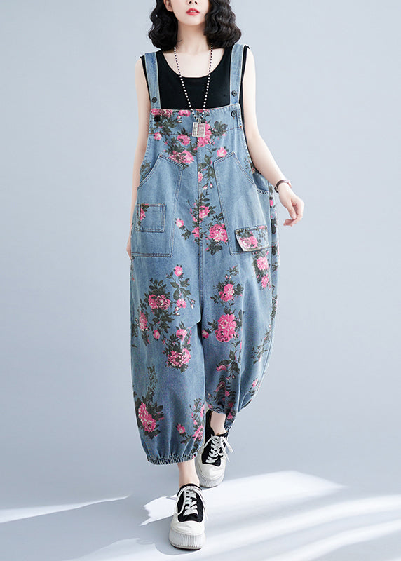 Bohemian Light Blue Oversize Print Pockets Denim Jumpsuits Summer