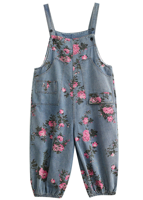 Bohemian Light Blue Oversize Print Pockets Denim Jumpsuits Summer