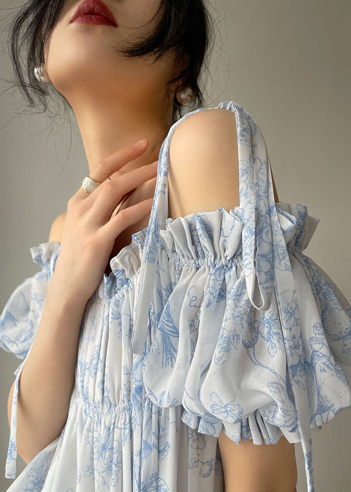 Bohemian Light Blue Ruffled Wrinkled Print Chiffon Spaghetti Strap Dresses Sleeveless - Omychic