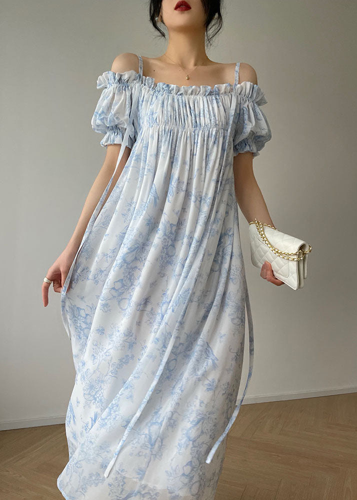 Bohemian Light Blue Ruffled Wrinkled Print Chiffon Spaghetti Strap Dresses Sleeveless - Omychic