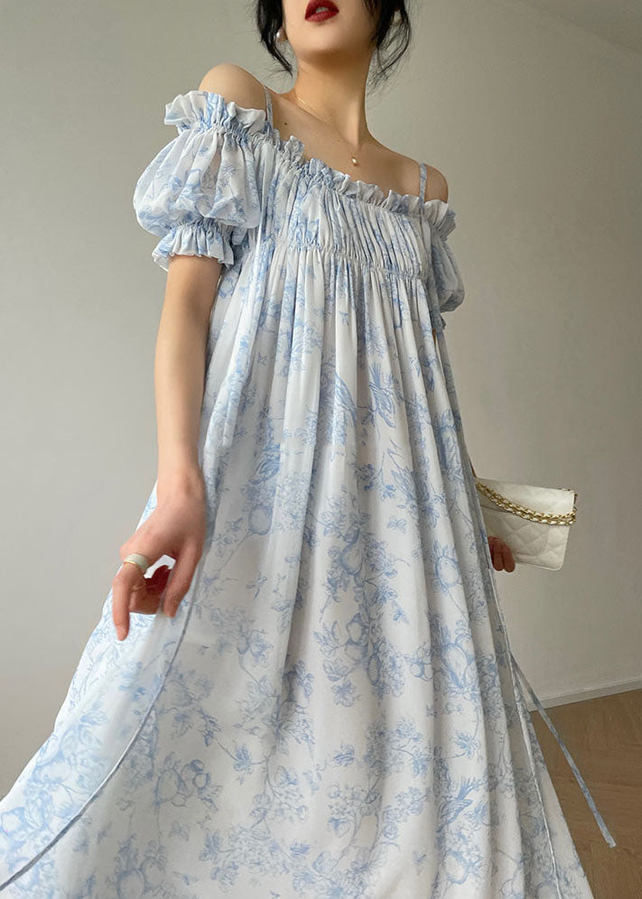 Bohemian Light Blue Ruffled Wrinkled Print Chiffon Spaghetti Strap Dresses Sleeveless - Omychic