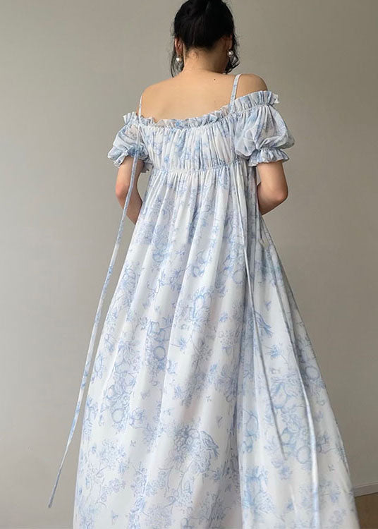 Bohemian Light Blue Ruffled Wrinkled Print Chiffon Spaghetti Strap Dresses Sleeveless - Omychic
