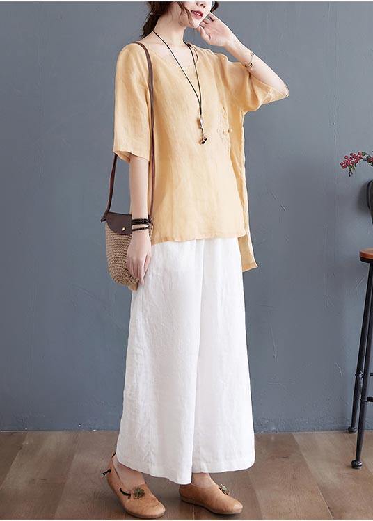 Bohemian Light Yellow Oriental Linen Shirt Top Summer - Omychic