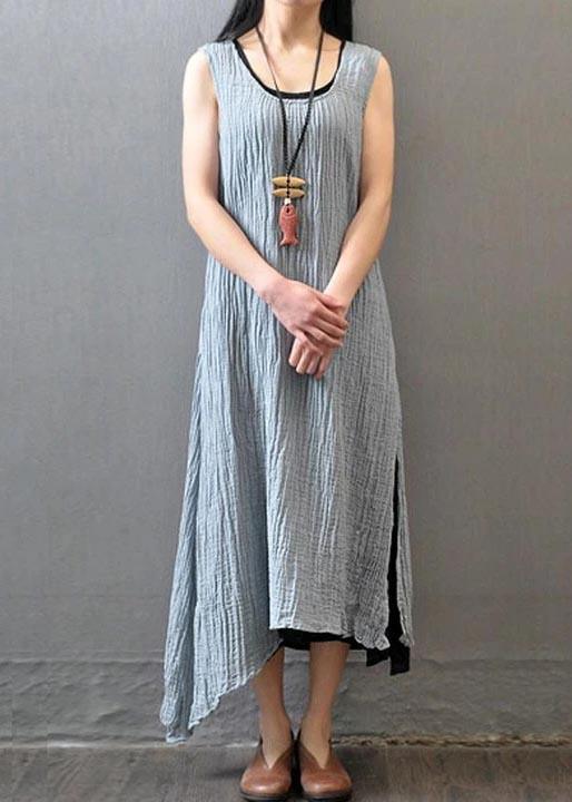 Bohemian Linen Gray Outfit Fashion Summer Women Wrinkled Sleeveless Dress - Omychic