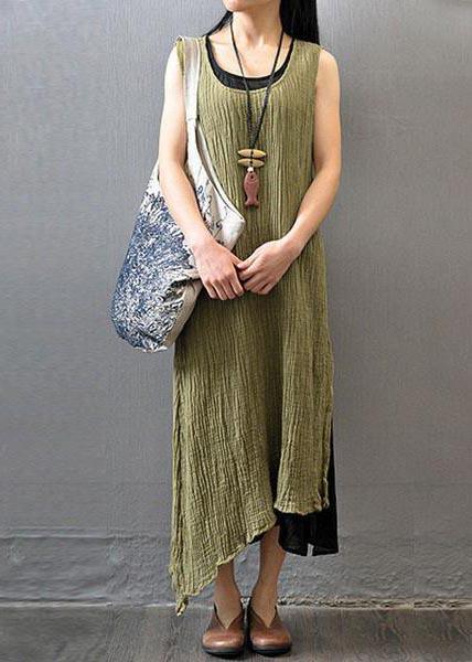 Bohemian Linen Gray Outfit Fashion Summer Women Wrinkled Sleeveless Dress - Omychic