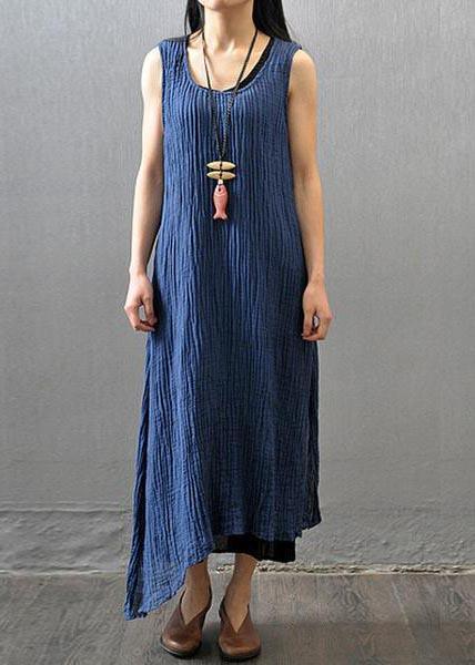 Bohemian Linen Gray Outfit Fashion Summer Women Wrinkled Sleeveless Dress - Omychic