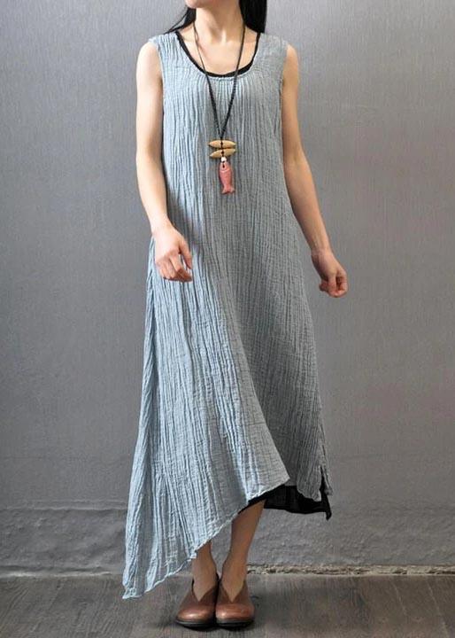 Bohemian Linen Gray Outfit Fashion Summer Women Wrinkled Sleeveless Dress - Omychic