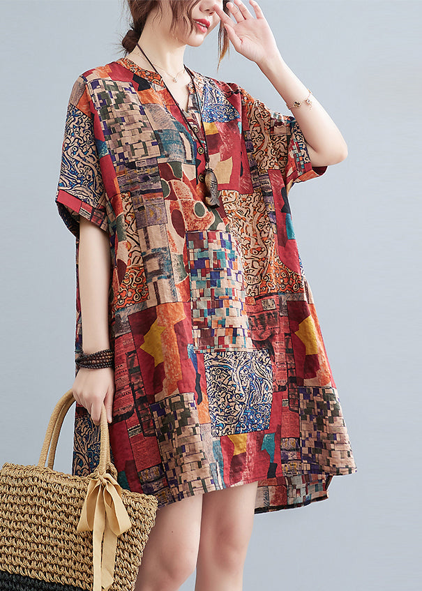 Bohemian Loose Red V Neck Print Cotton Mid Dress Summer