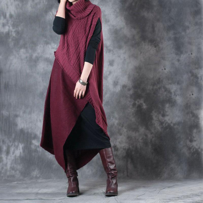 Bohemian Mulberry Turtleneck Patchwork Asymmetrical Design Fall Two Pieces Set - Omychic