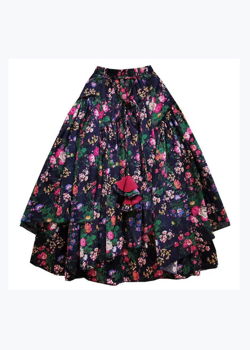 Bohemian Navy Asymmetrical Print Exra Large Hem Cotton Skirts Spring