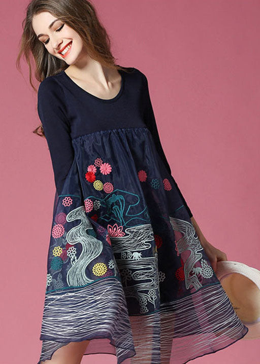 Bohemian Navy Embroideried Patchwork Organza Holiday Dress Spring