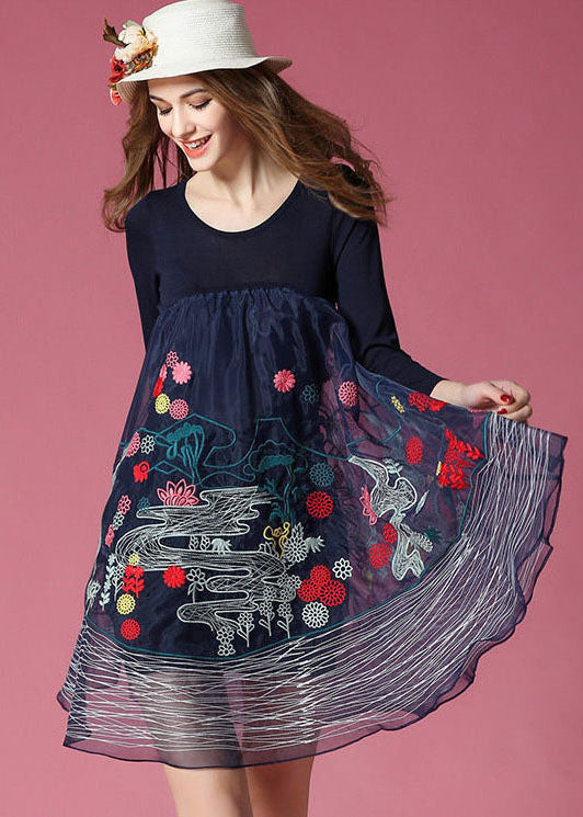 Bohemian Navy Embroideried Patchwork Organza Holiday Dress Spring