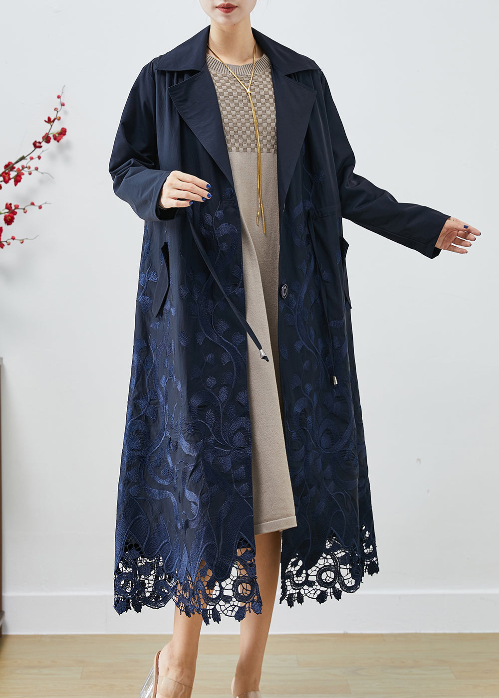 Bohemian Navy Embroideried Tie Waist Spandex Trench Coats Fall