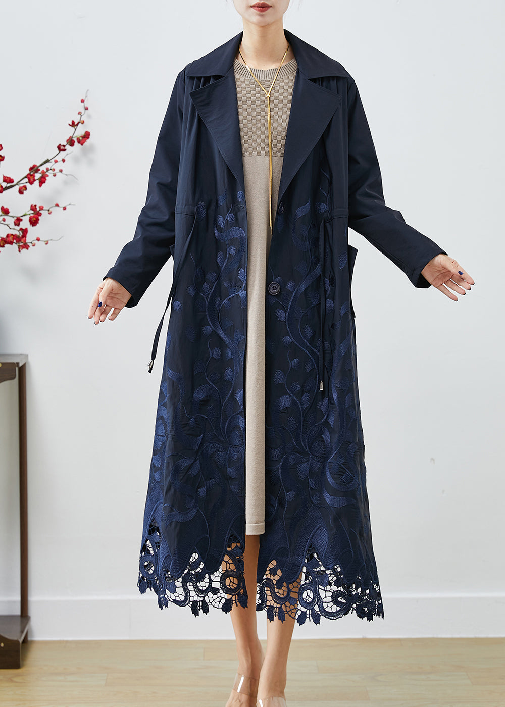 Bohemian Navy Embroideried Tie Waist Spandex Trench Coats Fall