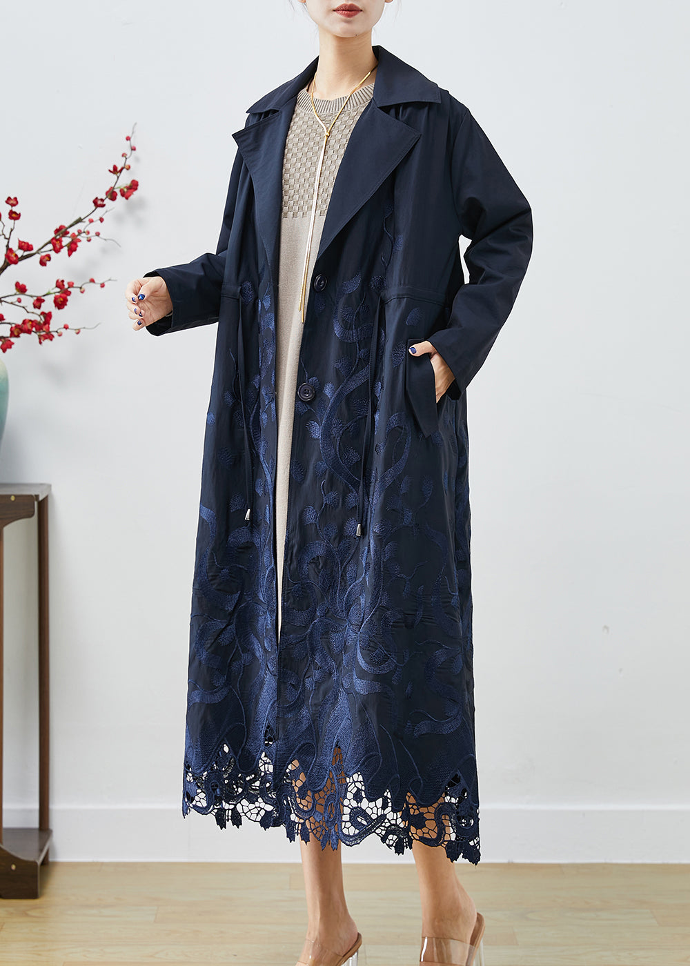 Bohemian Navy Embroideried Tie Waist Spandex Trench Coats Fall