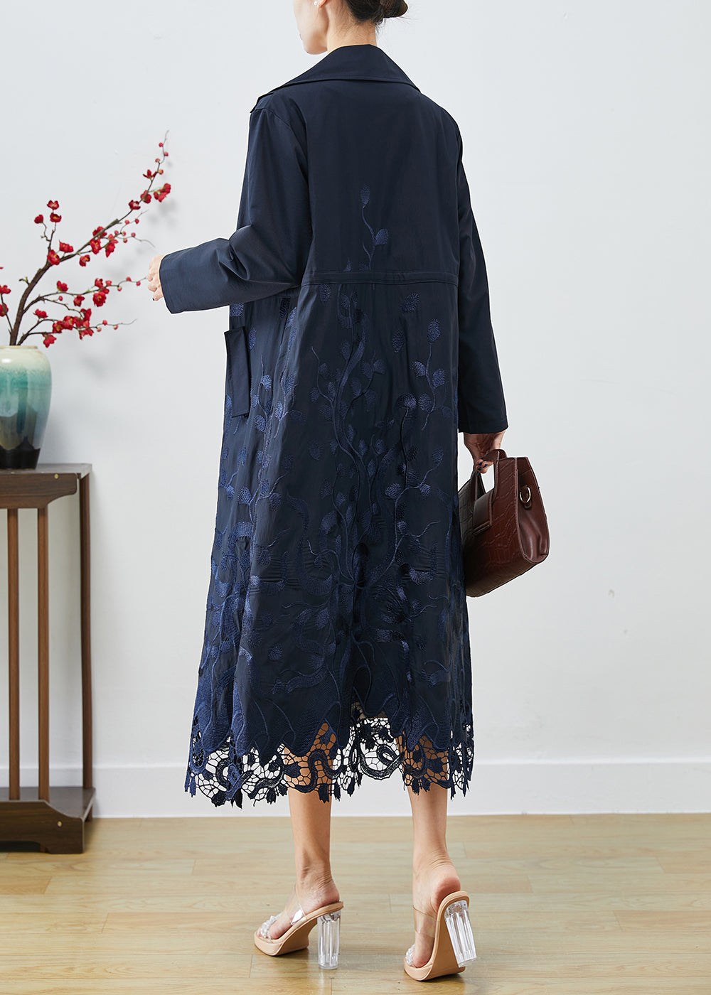 Bohemian Navy Embroideried Tie Waist Spandex Trench Coats Fall