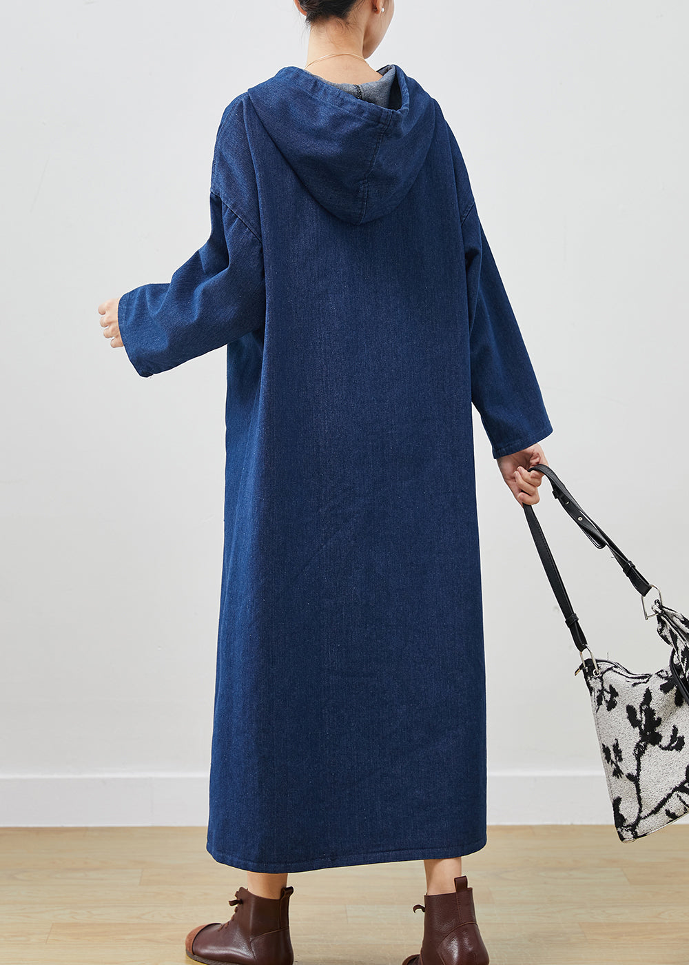 Bohemian Navy Oversized Denim Hooded Dress Spring