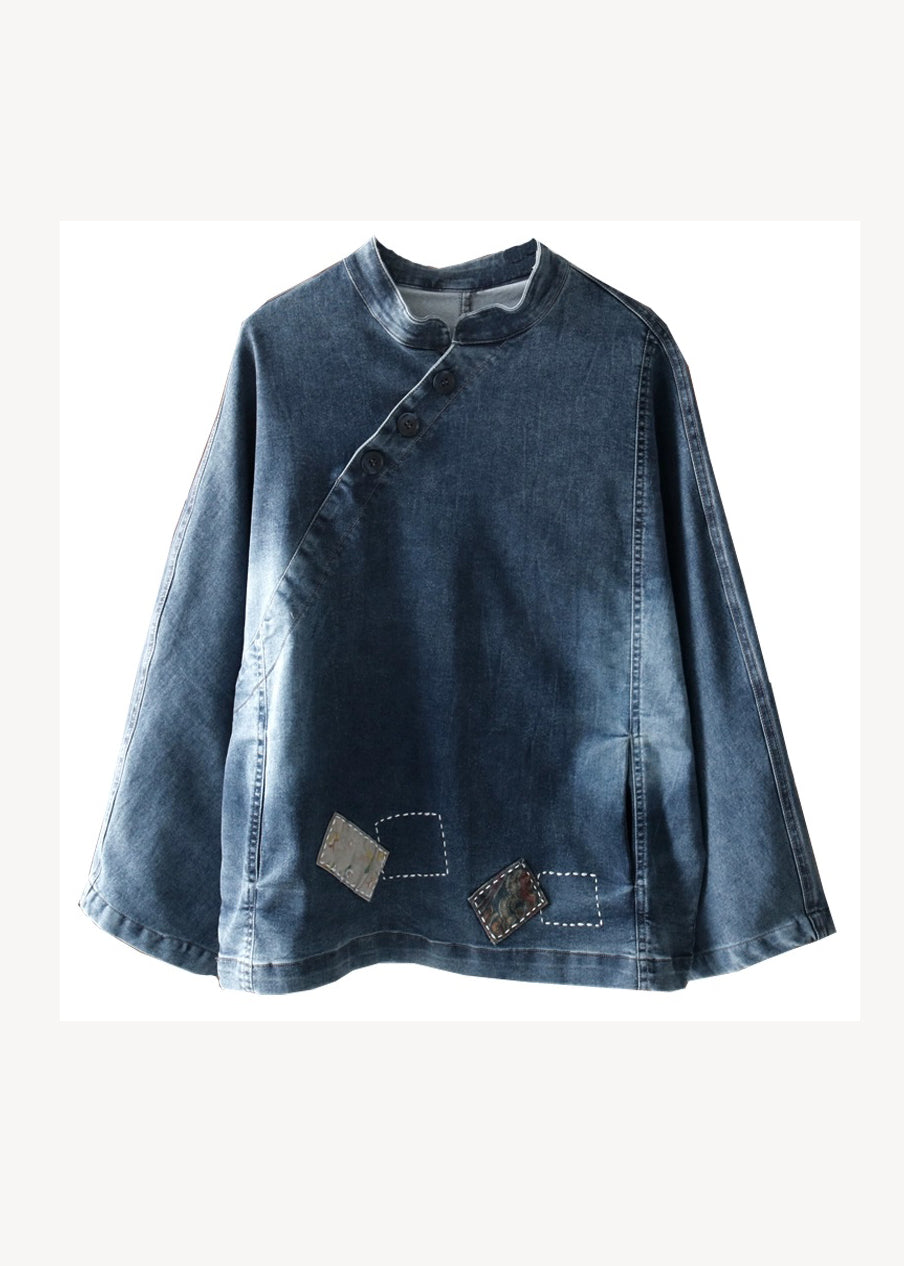 Bohemian Navy Stand Collar Pockets Patchwork Denim Top Fall