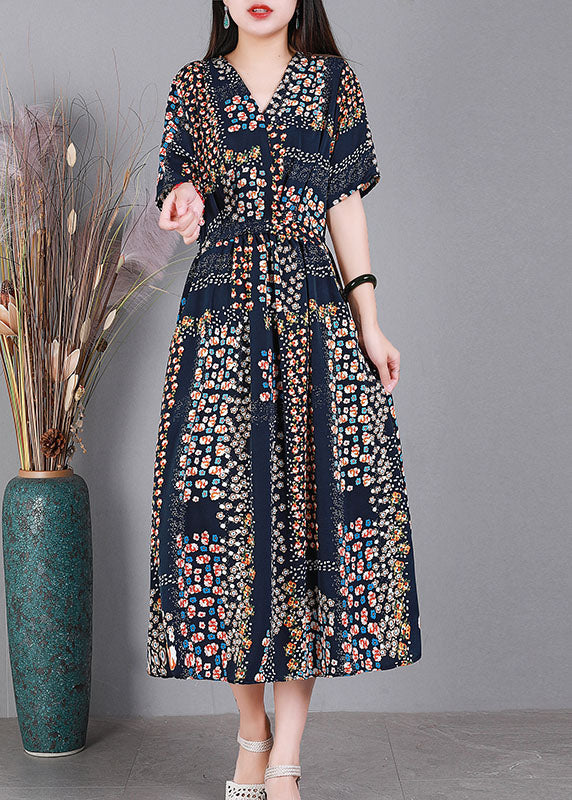 Bohemian Navy V Neck Print Drawstring Silk Long Dress Short Sleeve