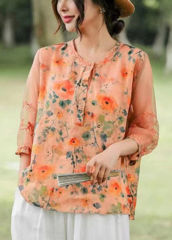 Bohemian Orange Embroideried Print Linen Shirt Top Summer