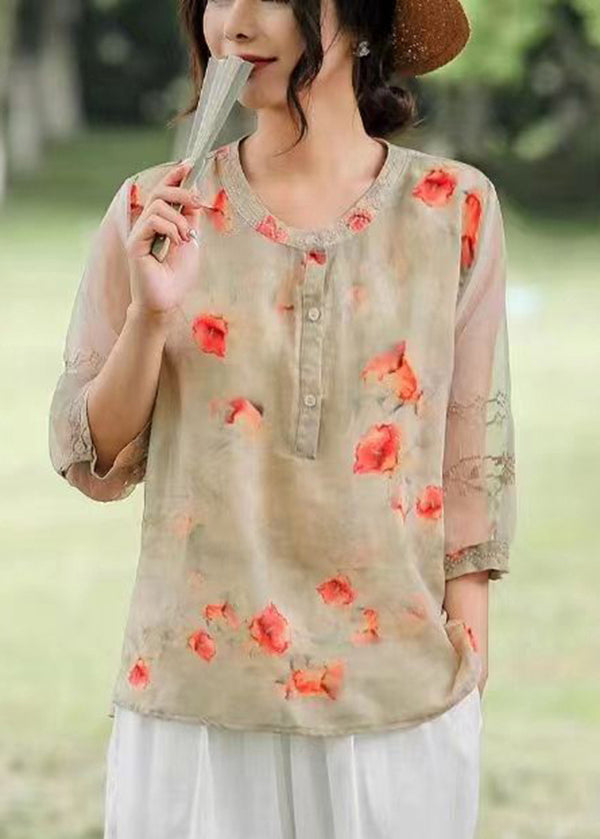 Bohemian Orange Embroideried Print Linen Shirt Top Summer