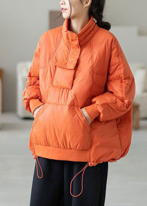 Bohemian Orange Hooded Drawstring Pockets Duck Down Down Pullover Sweatshirt Winter