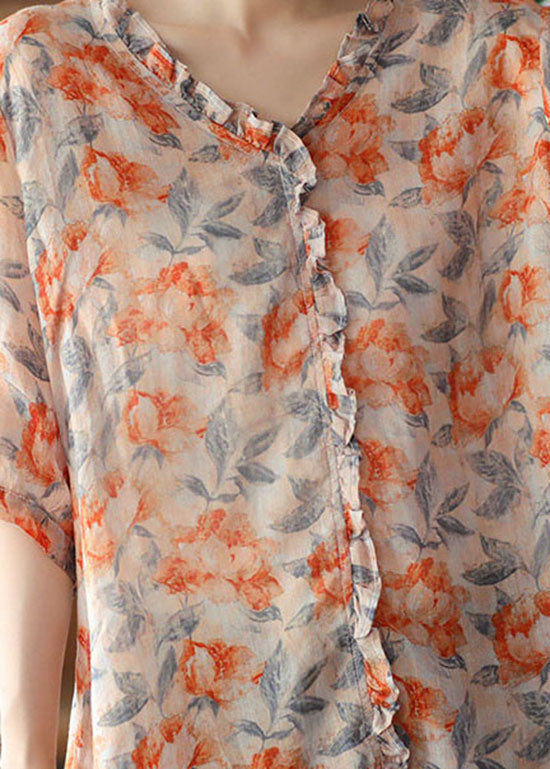 Bohemian Orange Ruffled Print Patchwork Linen Blouses Summer