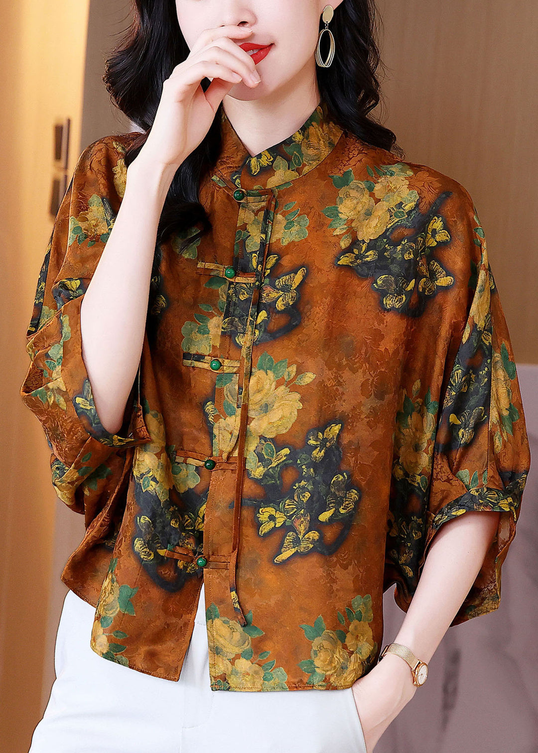 Bohemian Orange Stand Collar Oriental Button Print Silk Blouses Batwing Sleeve