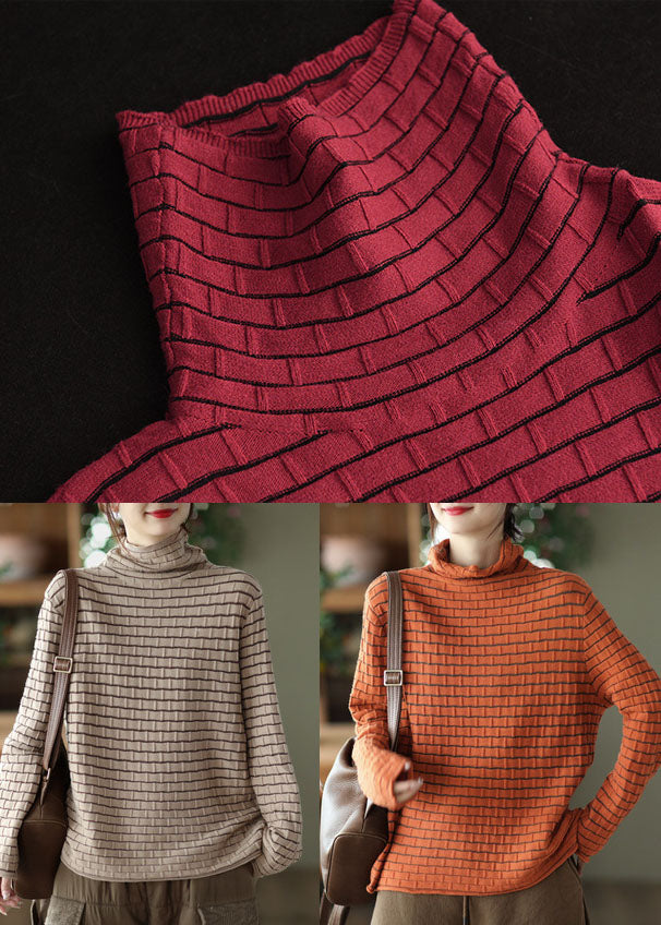 Bohemian Orange Turtle Neck Striped Knit Sweaters Winter