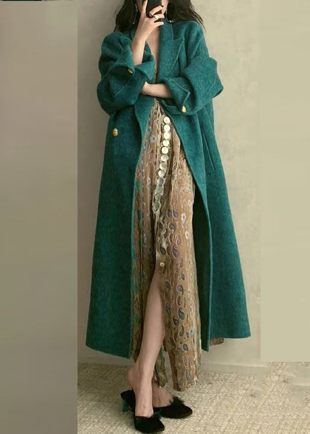 Bohemian Peacock Blue Notched Pockets Woolen Maxi Coats Long Sleeve