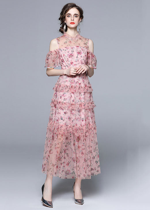 Bohemian Pink Cold Shoulder Print Ruffled Chiffon Long Dresses Summer