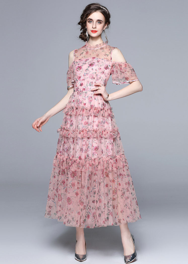 Bohemian Pink Cold Shoulder Print Ruffled Chiffon Long Dresses Summer