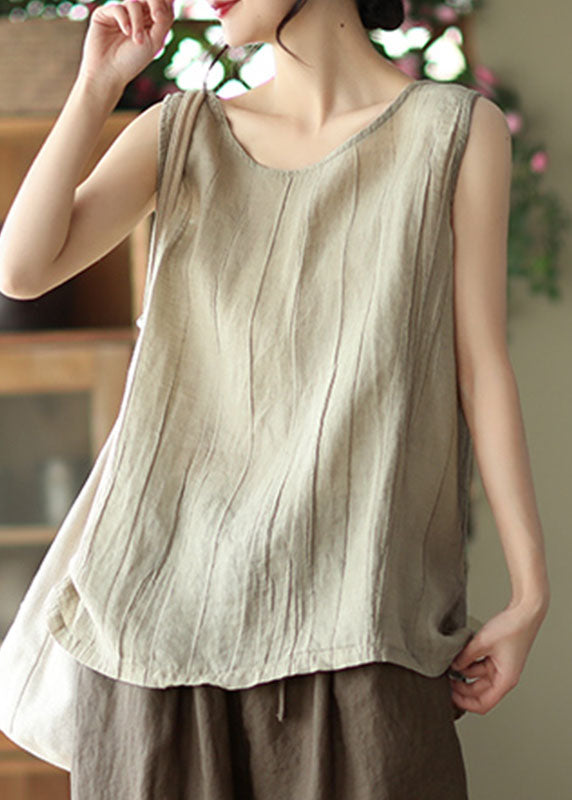 Bohemian Pink O Neck Patchwork Linen Tanks Top Sleeveless