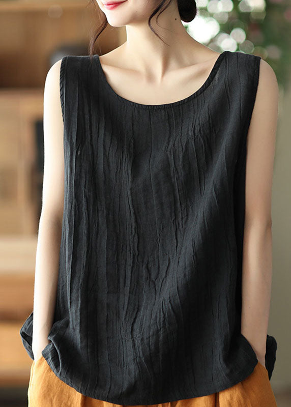Bohemian Pink O Neck Patchwork Linen Tanks Top Sleeveless