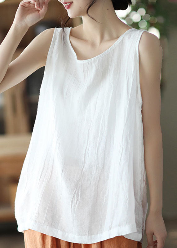 Bohemian Pink O Neck Patchwork Linen Tanks Top Sleeveless