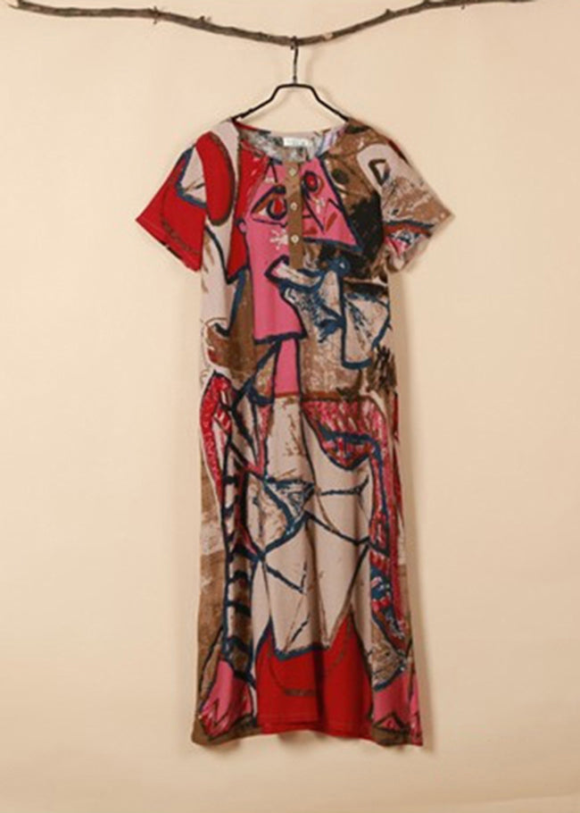 Bohemian Pink O-Neck Print Cotton Long Dress Short Sleeve