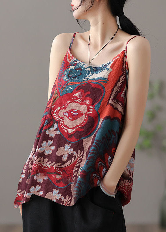 Bohemian Pink Print Patchwork Linen Tank Tops Sleeveless