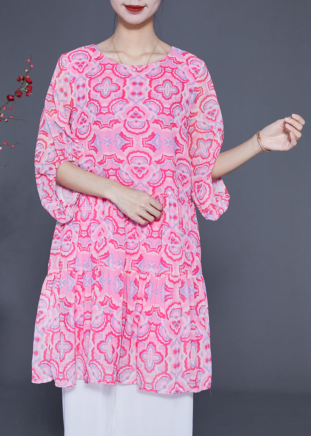 Bohemian Pink Print Patchwork Wrinkled Silk A Line Dress Lantern Sleeve