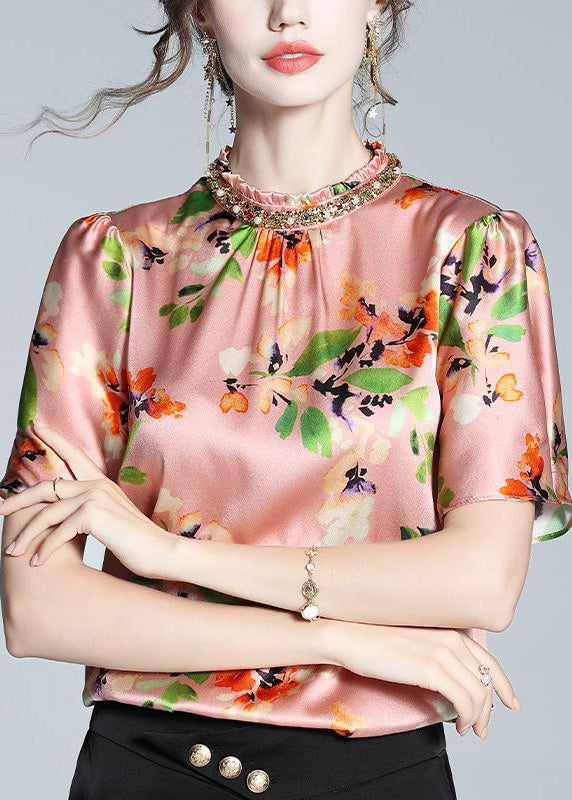 Bohemian Pink Stand Collar Print Nail Bead Silk Tops Summer